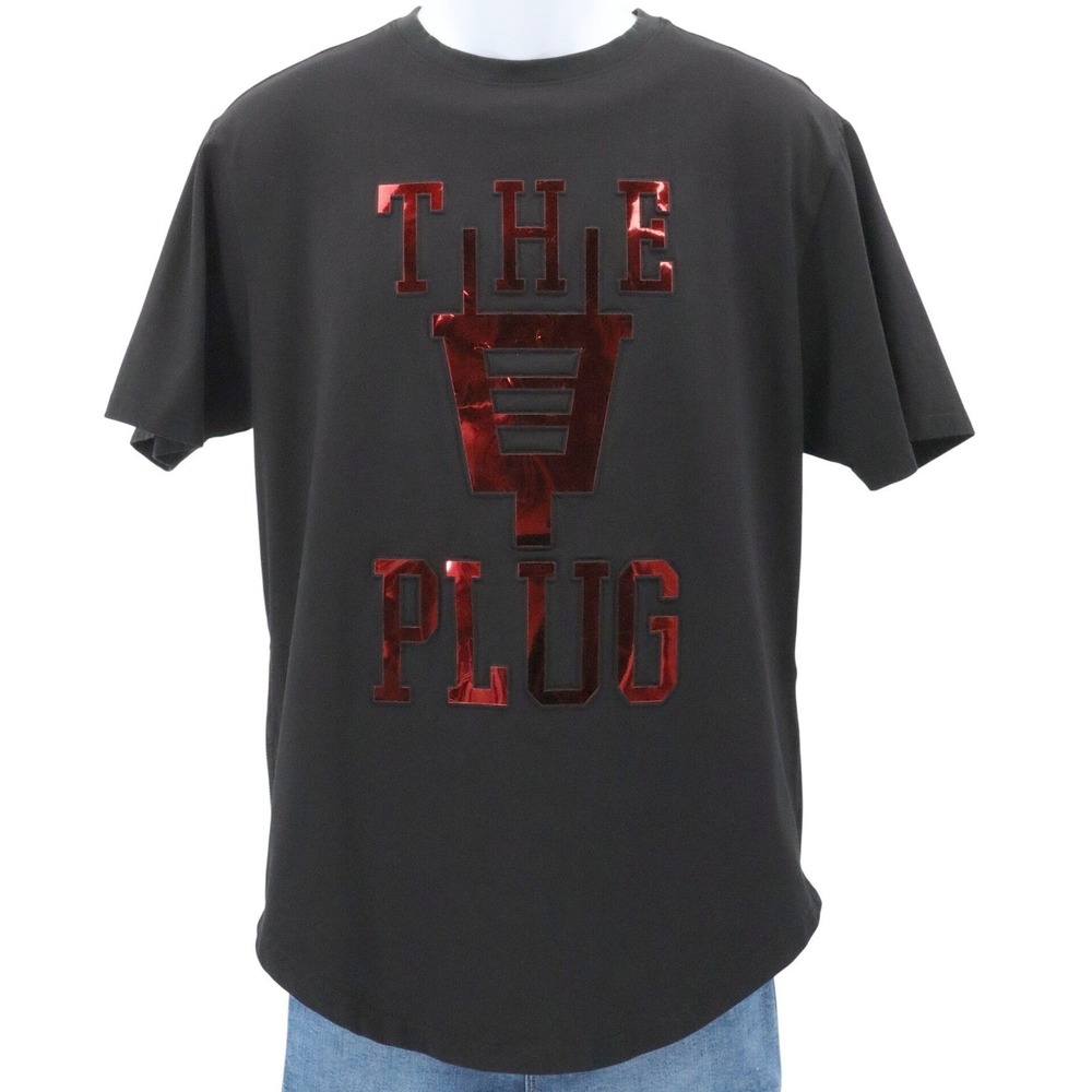 Makobi Mens Black The Plug Graphic T Shirt Size Medium Red Foil Letters Side Zip